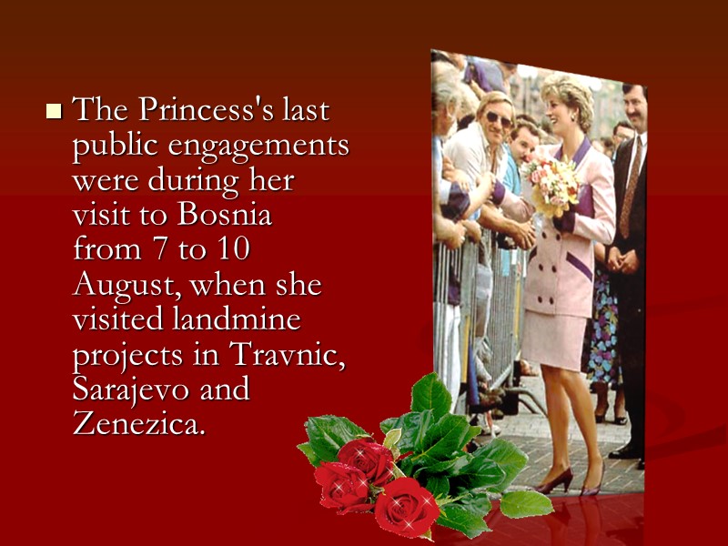 The Princess's last public engagements were during her visit to Bosnia from 7 to